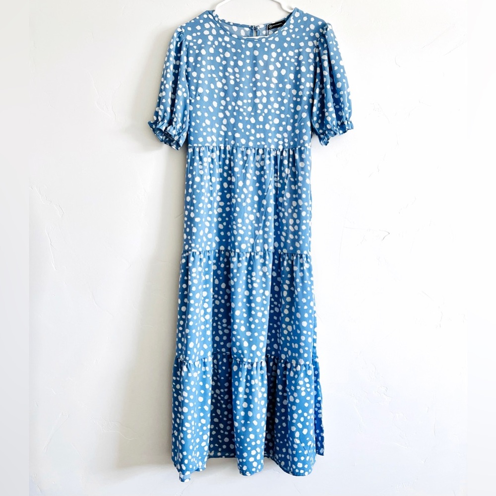 Pretty Garden Ruffle Dress in Blue Dot